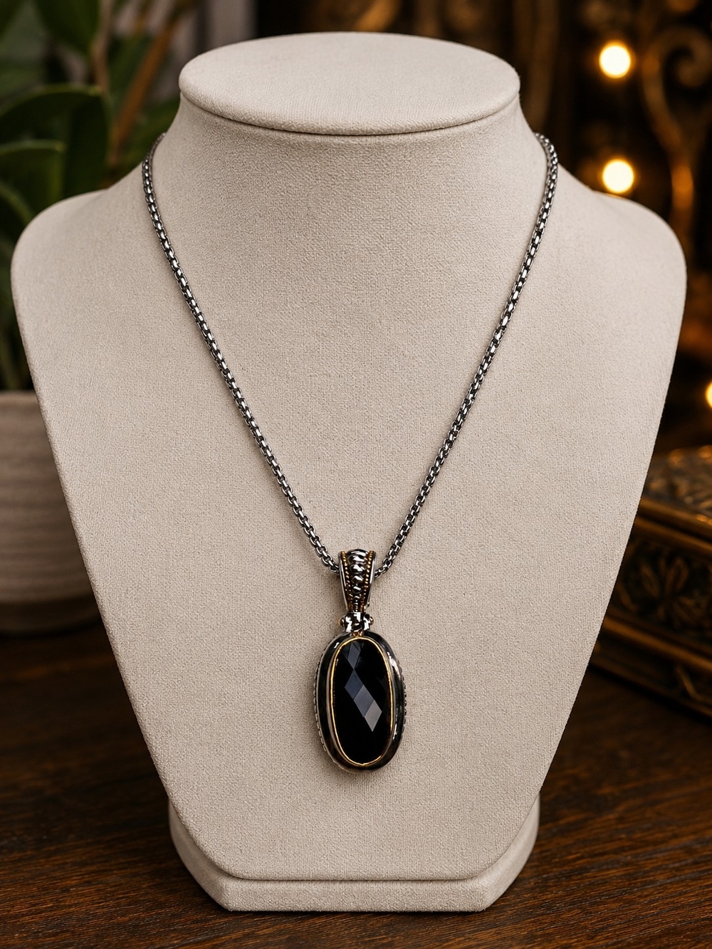 Vintage Black Onyx and Sterling-Style Pendant Necklace